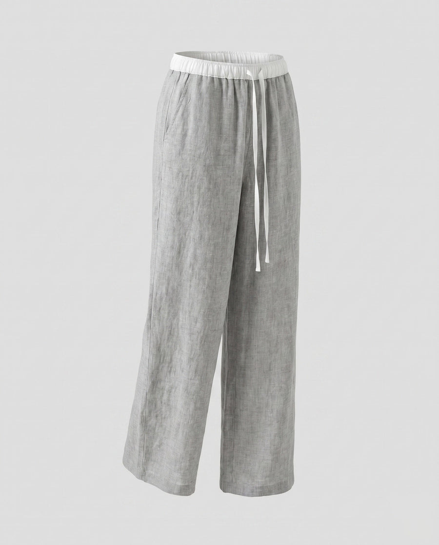 Maxine Comfortable Linen Trousers with Elastic Waist and Pockets in Grey