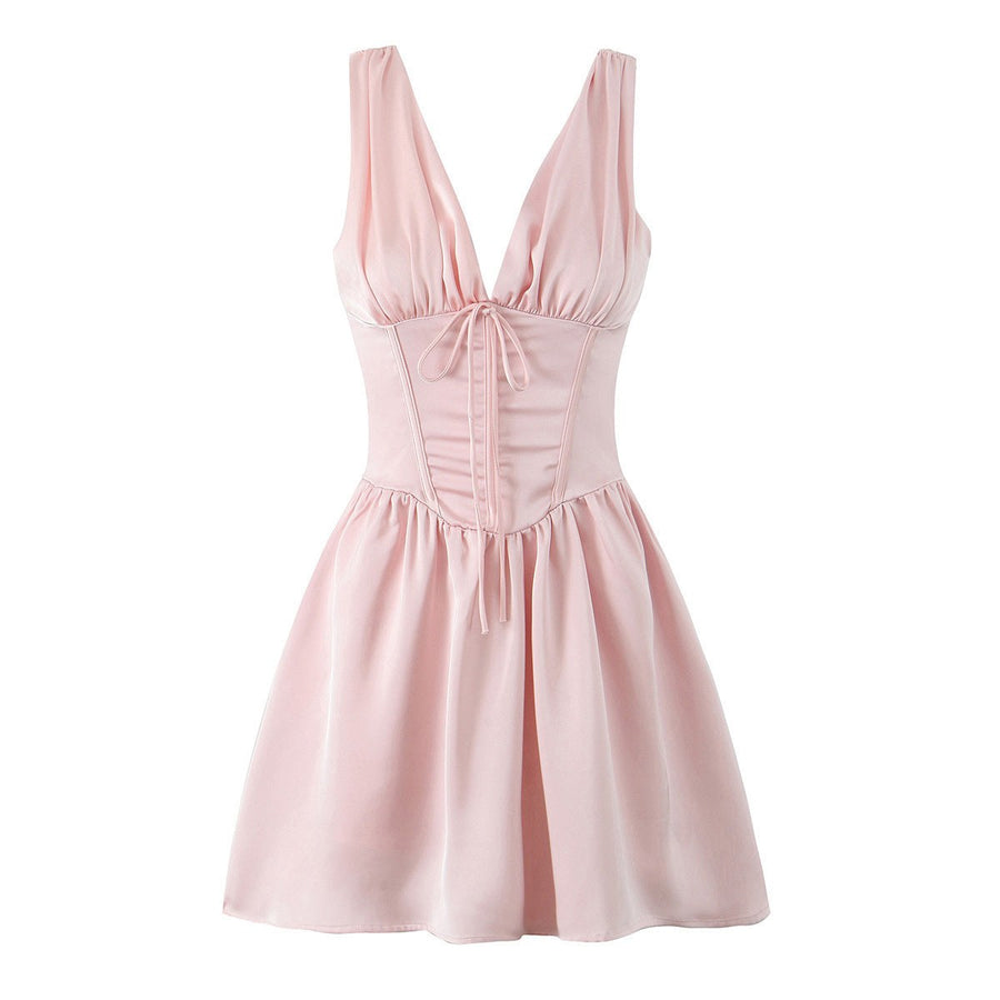 Maxine Dress with V-Neck and Ruffles in Pink