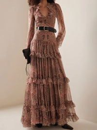 Maxine Elegant Maxi Dress with V-Neck and Ruffles in Brown