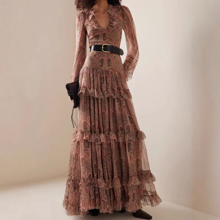 Maxine Elegant Maxi Dress with V-Neck and Ruffles