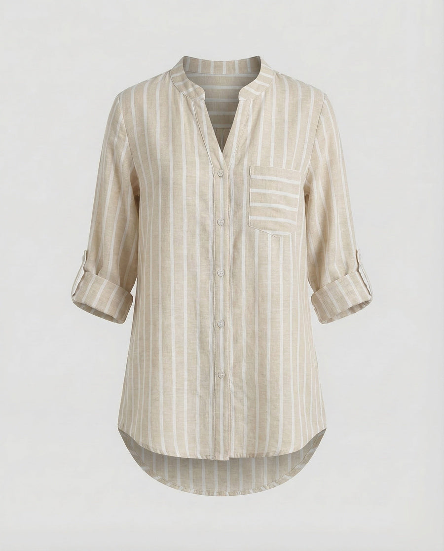 Maya Relaxed Tunic with Stand Collar in Khaki