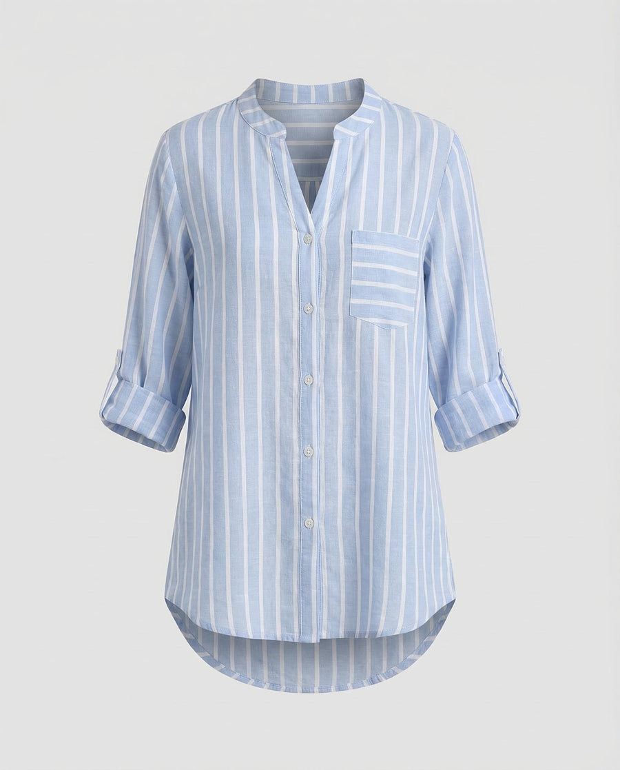 Maya Relaxed Tunic with Stand Collar in Light Blue