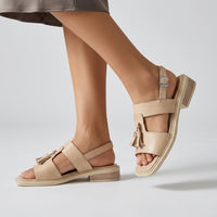 Maya Tassel T-Strap Sandal in Beige