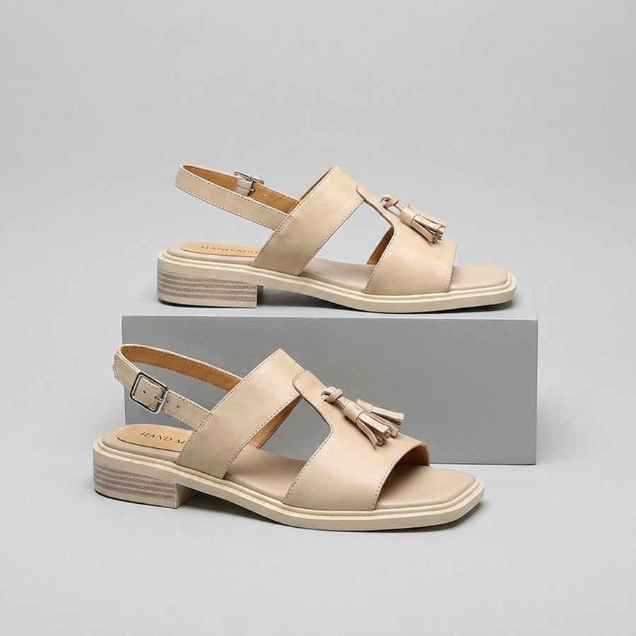 Maya Tassel T-Strap Sandal in Beige