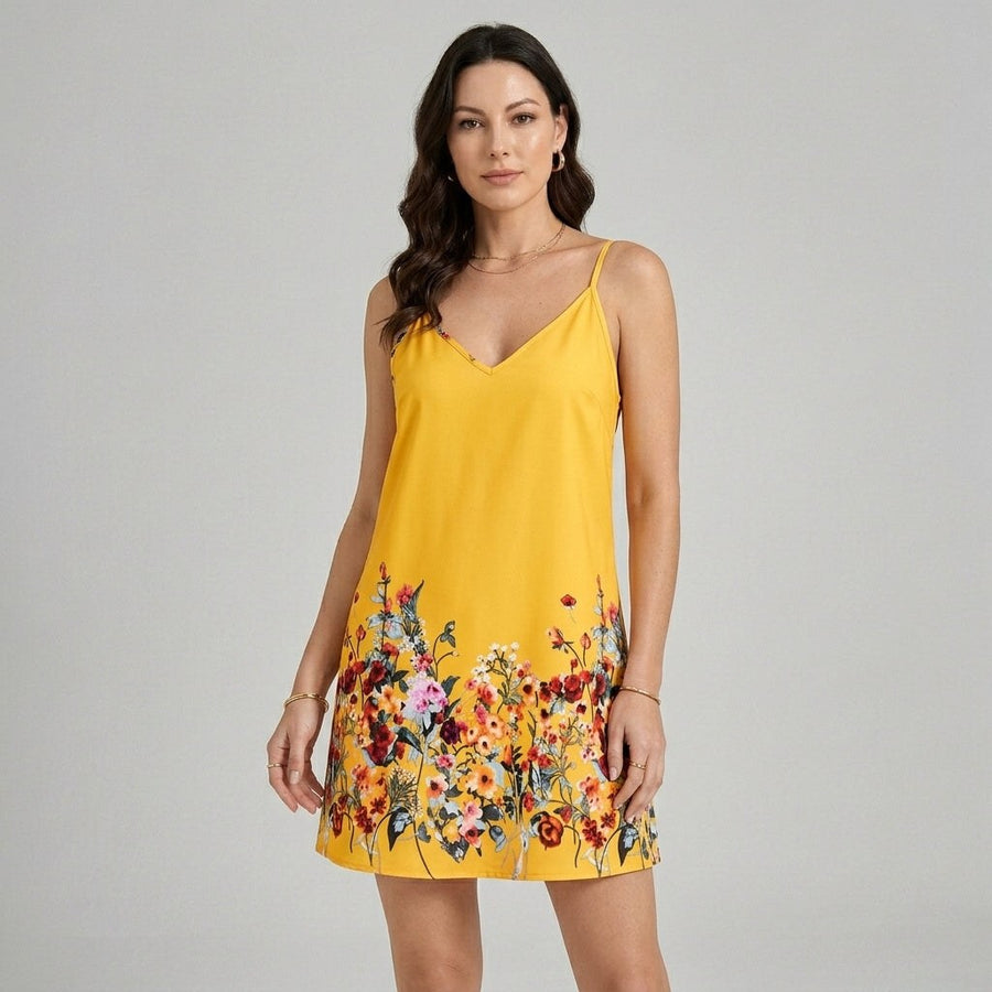 Maya Tropical Print Mini Dress in Amber