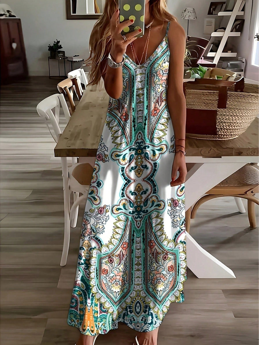 Maya Women's Mandala Print V-Neck Spaghetti Strap Maxi Dress in Light Green