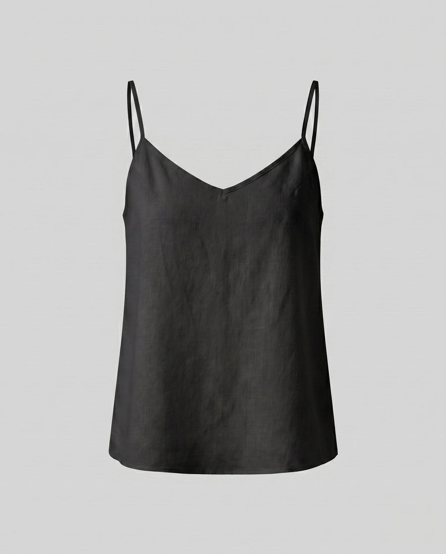 Meera Airy Linen Top with V-Neck in Black