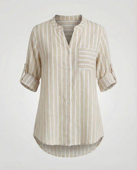 Meera Shirt with Stand Collar and Striped in Khaki