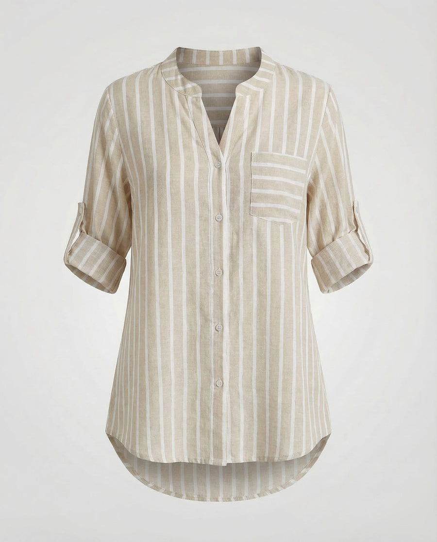 Meera Shirt with Stand Collar and Striped in Khaki