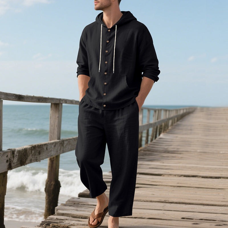 Mees Linen Top with Button Front and Hood in Black