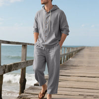 Mees Linen Top with Button Front and Hood in Grey