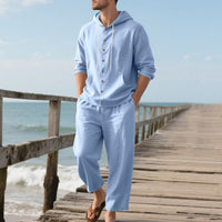 Mees Linen Top with Button Front and Hood in Light Blue