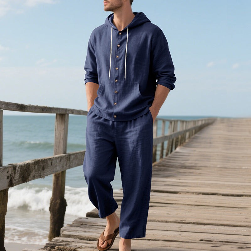 Mees Linen Top with Button Front and Hood in Navy