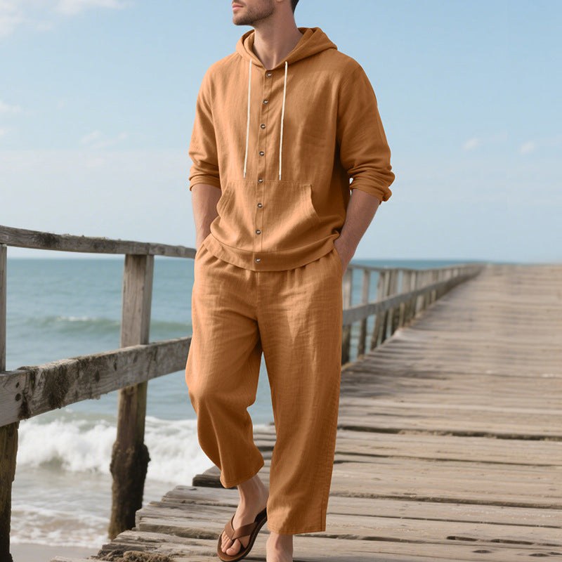 Mees Linen Top with Button Front and Hood in Ochre
