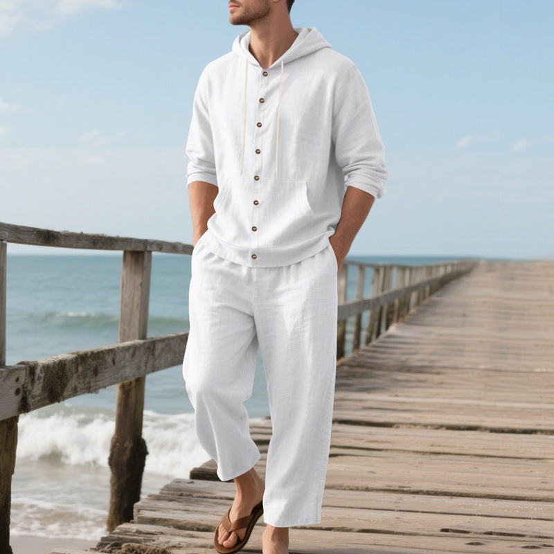 Mees Linen Top with Button Front and Hood in White
