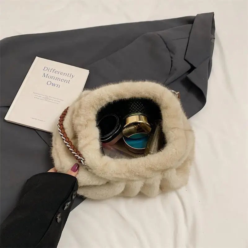 Melania Faux Mink Shoulder Bag in Beige