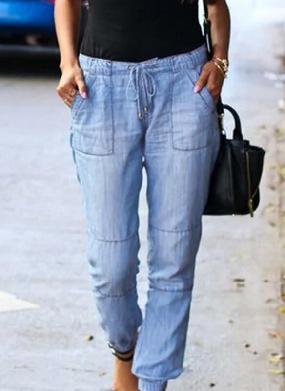 Melina Casual Trousers with Elastic Waist and Pockets in Light Blue