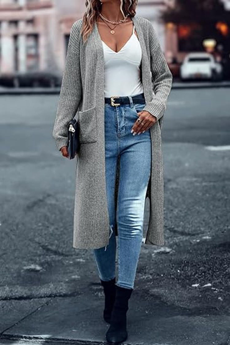 Melina Knit Coat with Pockets in Light Grey
