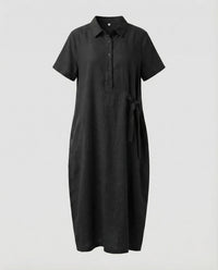 Melina Linen Dress with Belted in Black
