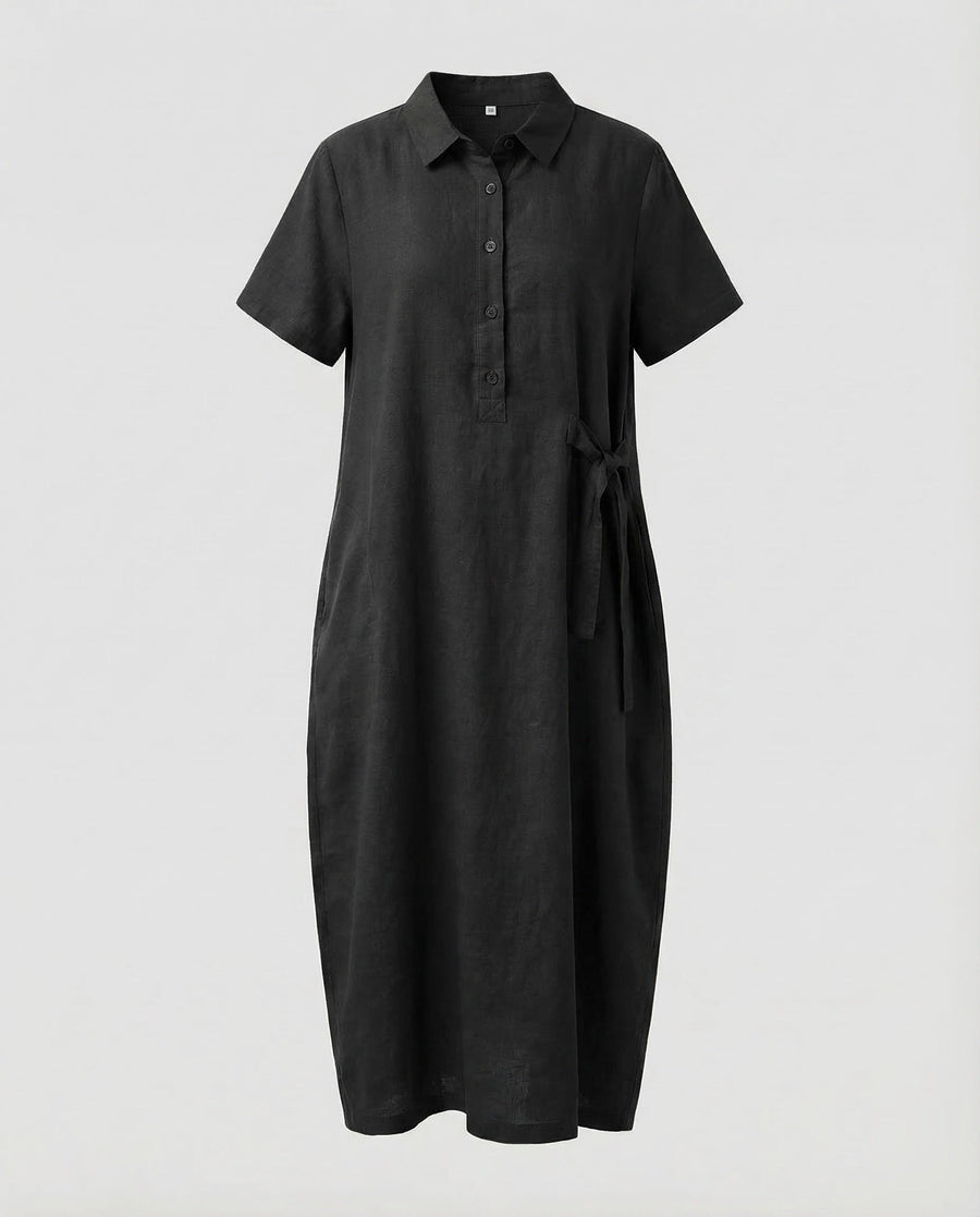 Melina Linen Dress with Belted in Black