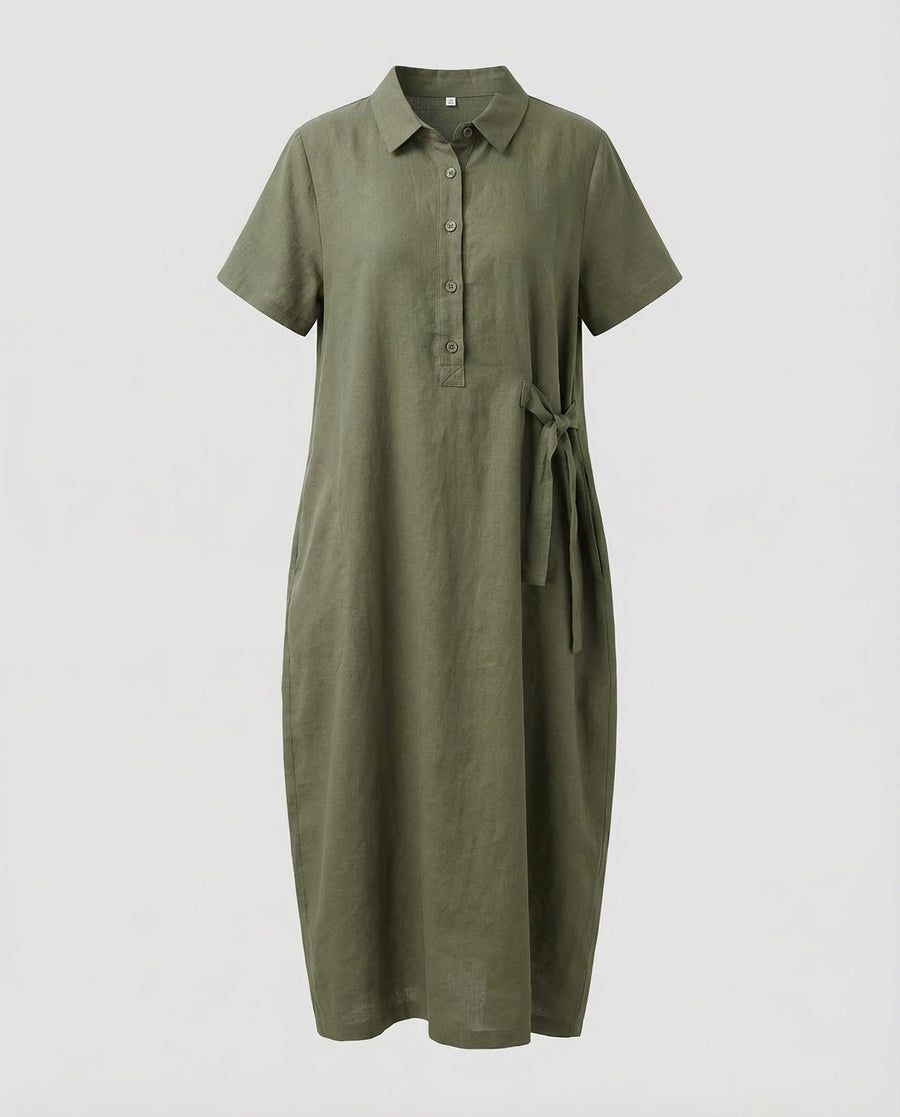 Melina Linen Dress with Belted in Grey