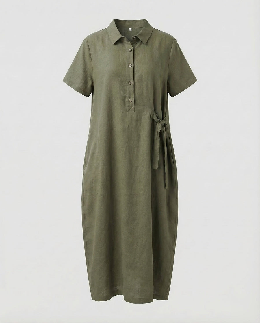 Melina Linen Dress with Belted in Multicolour