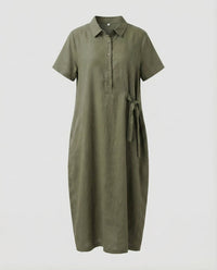 Melina Linen Dress with Belted in Olive Green