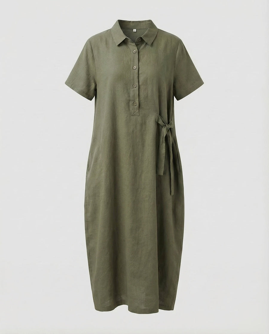 Melina Linen Dress with Belted in Olive Green
