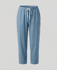 Melody Comfortable Linen Blend Trousers with Drawstring Waist in Blue