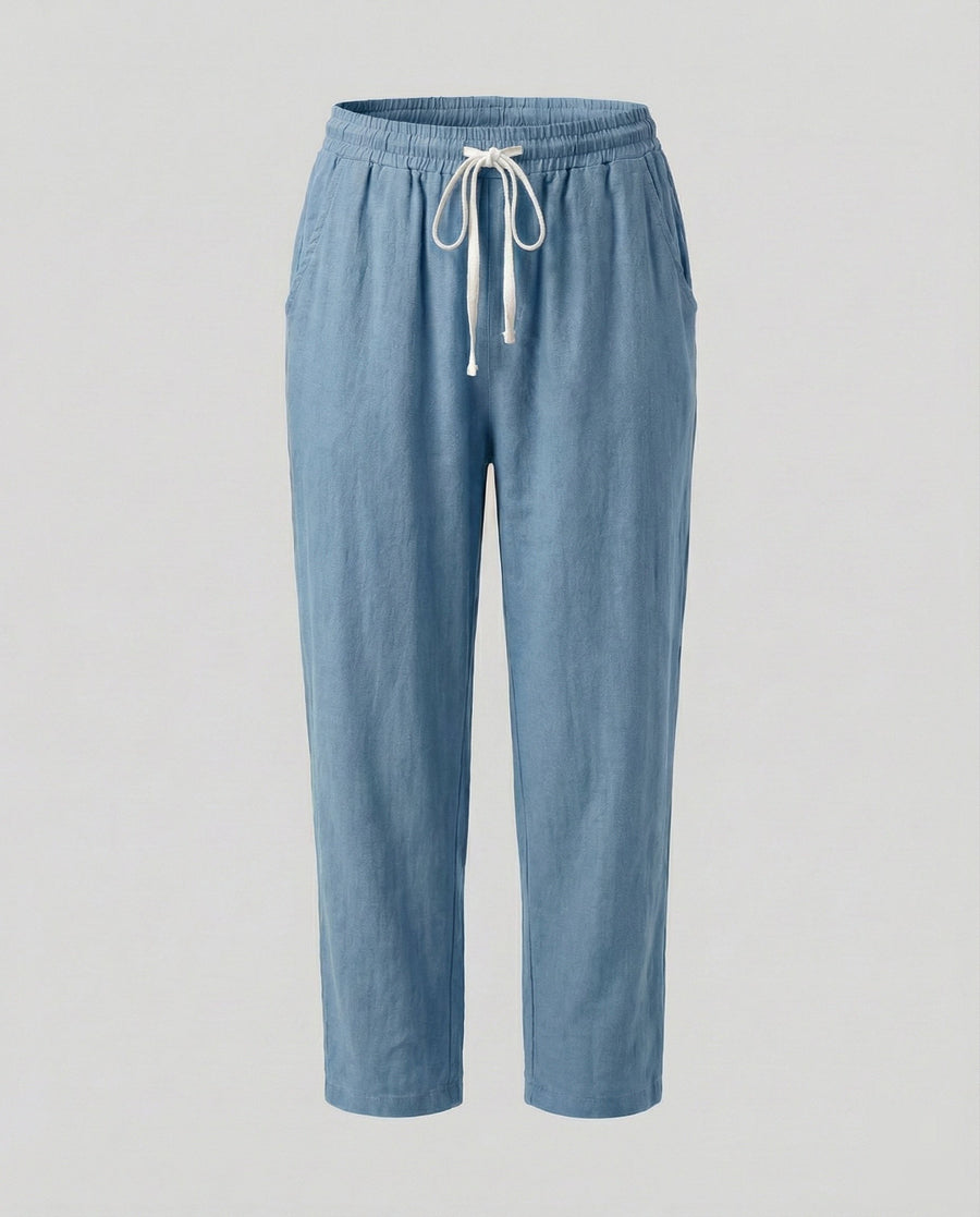 Melody Comfortable Linen Blend Trousers with Drawstring Waist in Blue