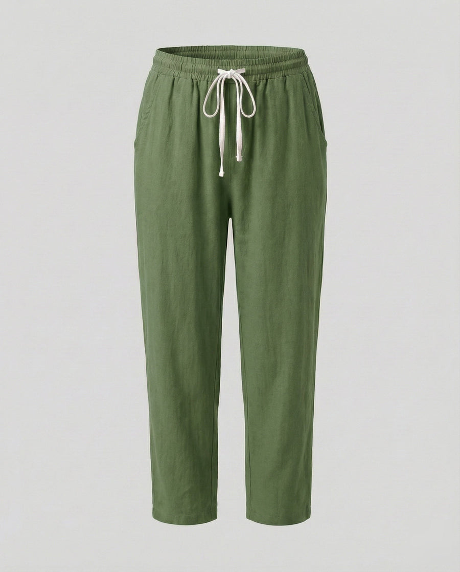 Melody Comfortable Linen Blend Trousers with Drawstring Waist in Gruen