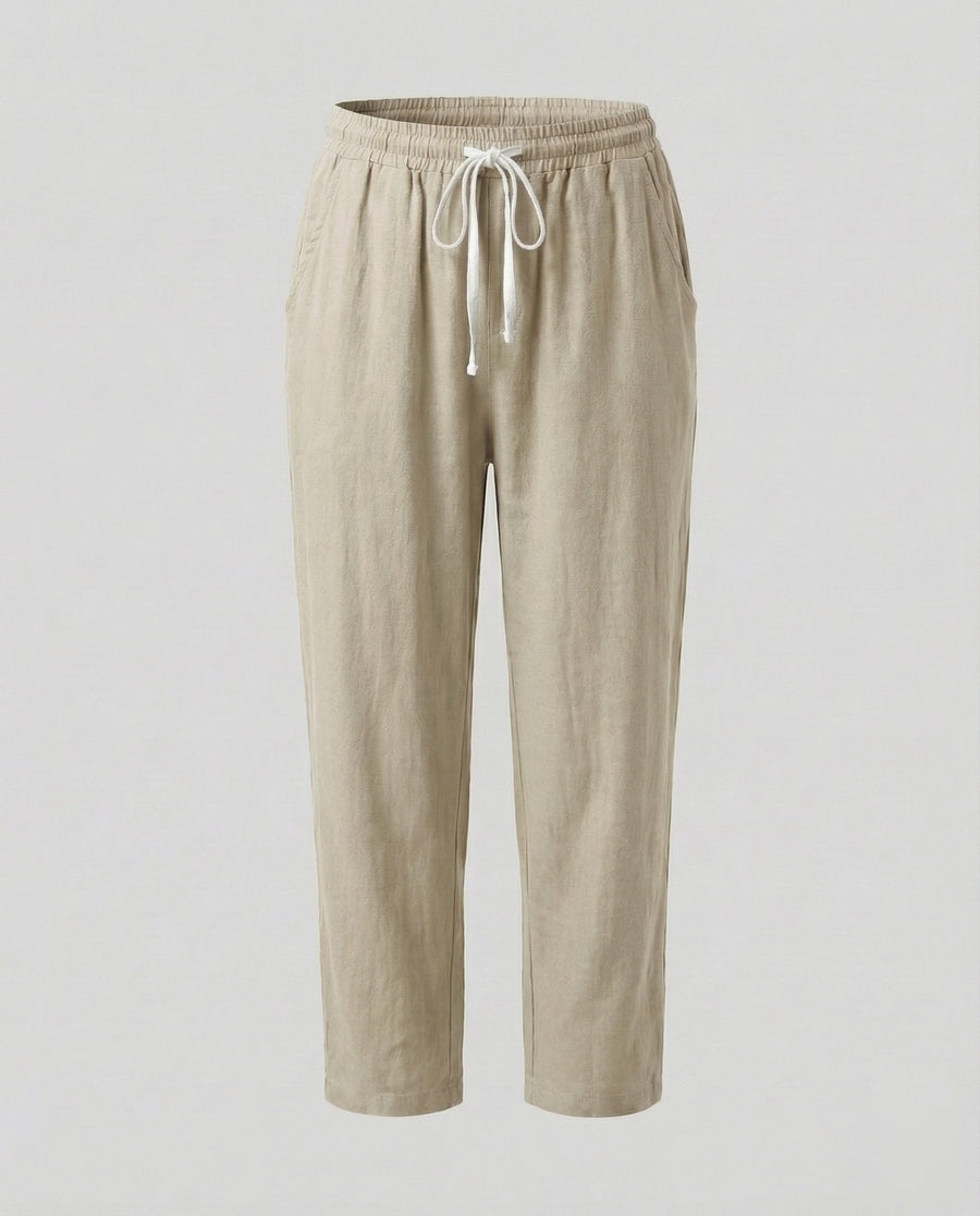 Melody Comfortable Linen Blend Trousers with Drawstring Waist in Khaki