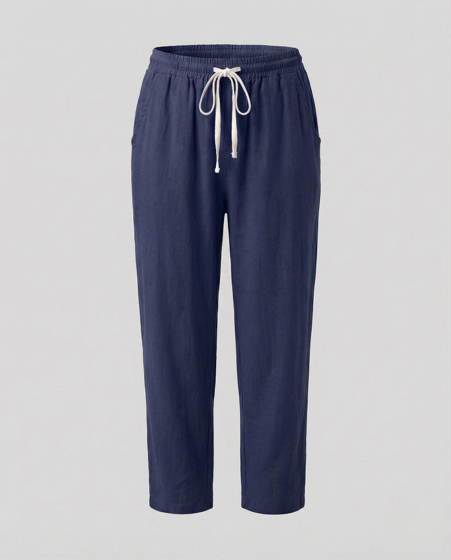 Melody Comfortable Linen Blend Trousers with Drawstring Waist in Navy