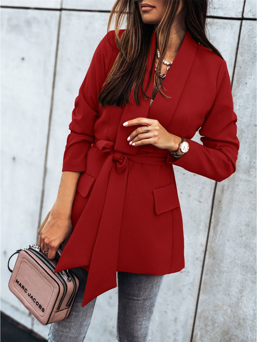 Melody Elegant Blazer with Pockets and Belted in Red