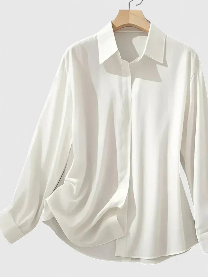 Melvaya | Elegant Hidden-Button Collared Curved-Hem Top