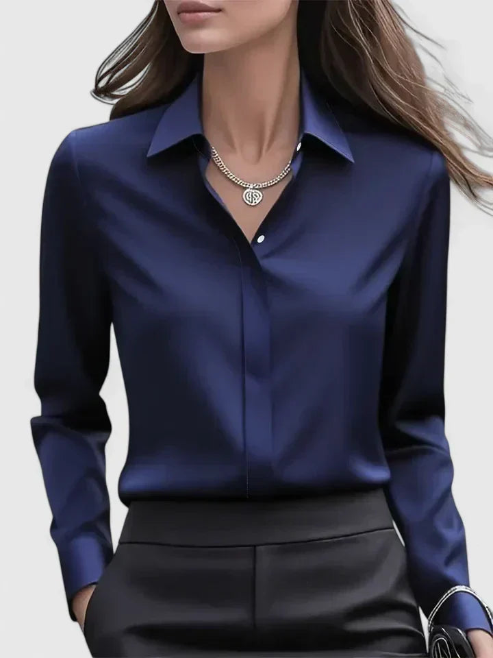 Melvaya | Elegant Hidden-Button Collared Curved-Hem Top