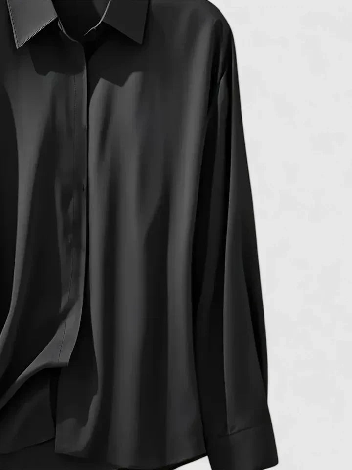 Melvaya | Elegant Hidden-Button Collared Curved-Hem Top