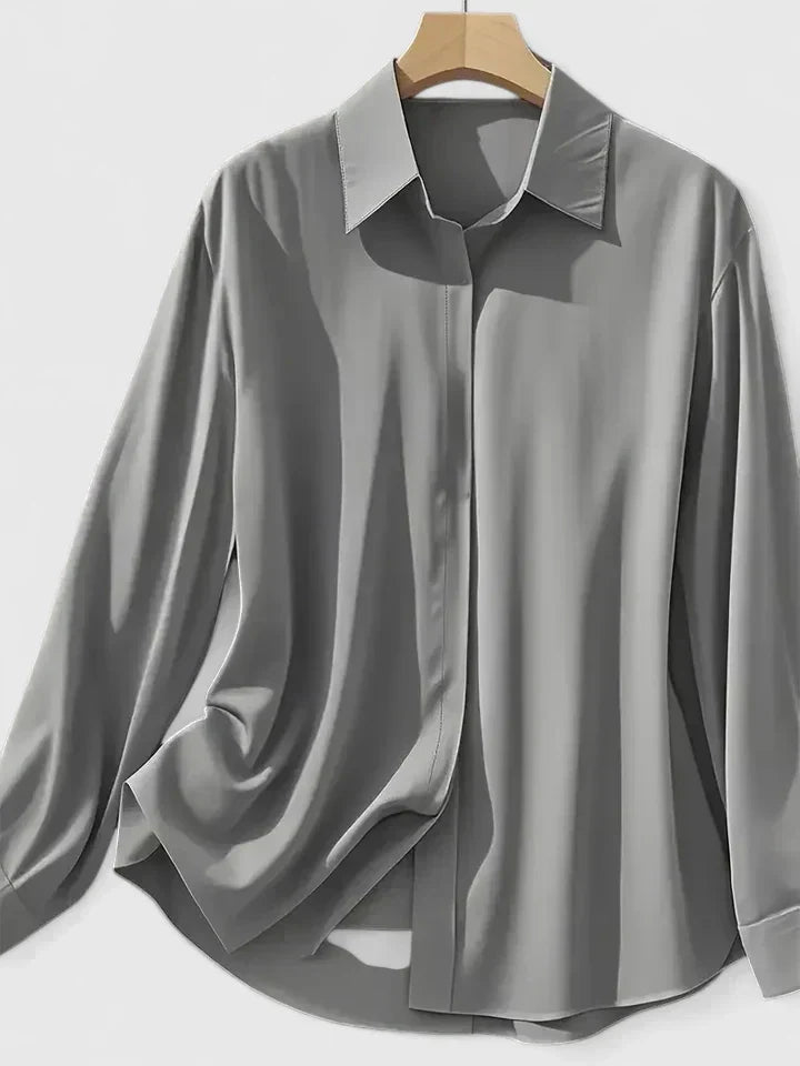 Melvaya | Elegant Hidden-Button Collared Curved-Hem Top