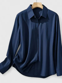 Melvaya | Elegant Hidden-Button Collared Curved-Hem Top