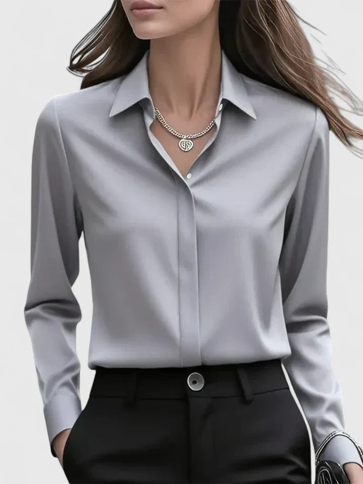Melvaya | Elegant Hidden-Button Collared Curved-Hem Top