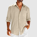 Men's Linen Button-Front Shirt with Roll-Tab Sleeves and Embroidered Panel