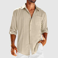 Men's Linen Button-Front Shirt with Roll-Tab Sleeves and Embroidered Panel
