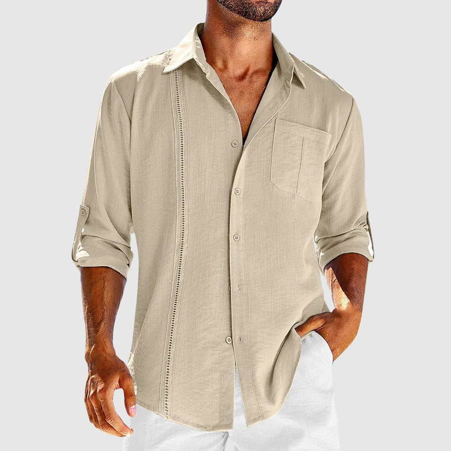 Men's Linen Button-Front Shirt with Roll-Tab Sleeves and Embroidered Panel