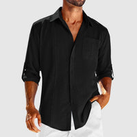 Men's Linen Button-Front Shirt with Roll-Tab Sleeves and Embroidered Panel