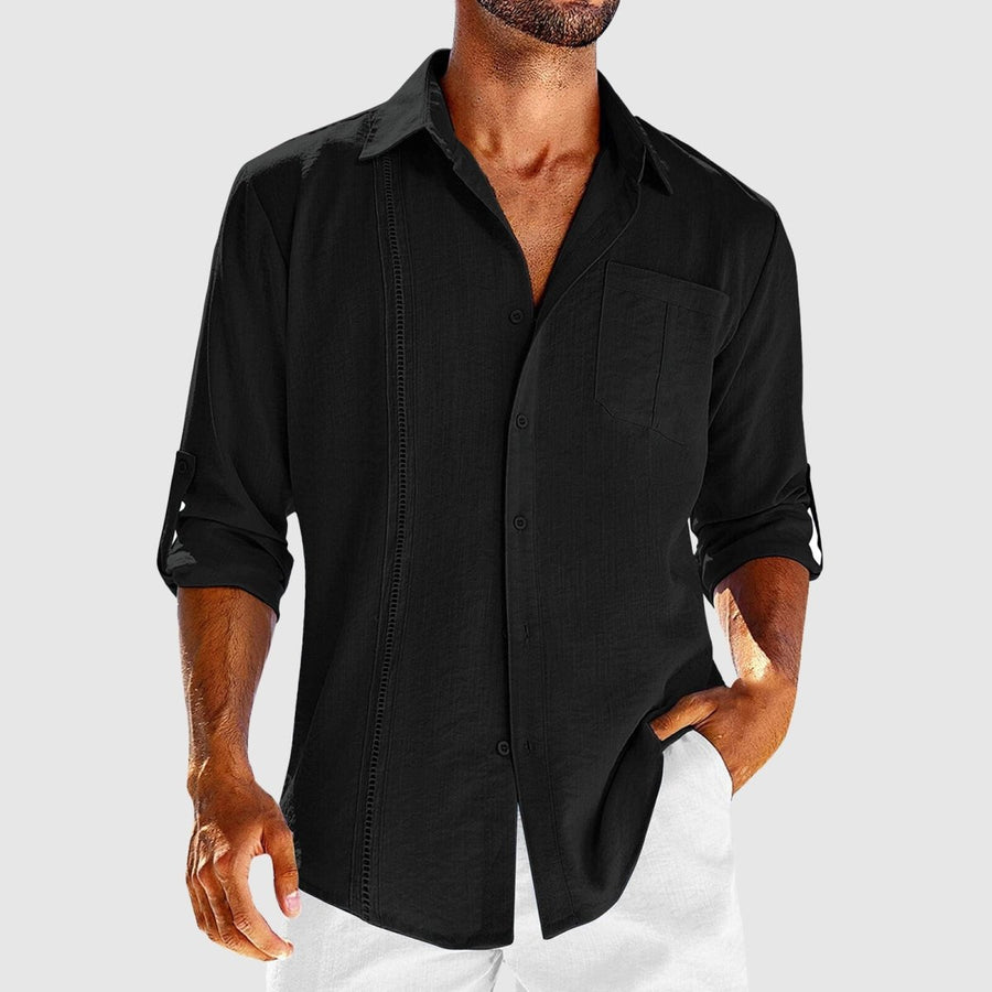 Men's Linen Button-Front Shirt with Roll-Tab Sleeves and Embroidered Panel