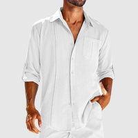 Men's Linen Button-Front Shirt with Roll-Tab Sleeves and Embroidered Panel