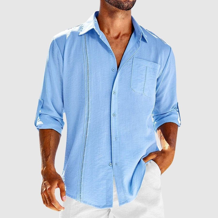 Men's Linen Button-Front Shirt with Roll-Tab Sleeves and Embroidered Panel