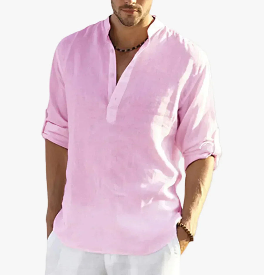Men's Linen Shirt with Band Collar and Half Placket