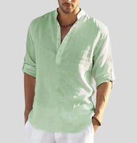 Men's Linen Shirt with Band Collar and Half Placket