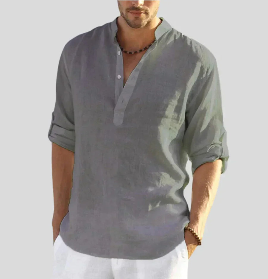 Men's Linen Shirt with Band Collar and Half Placket